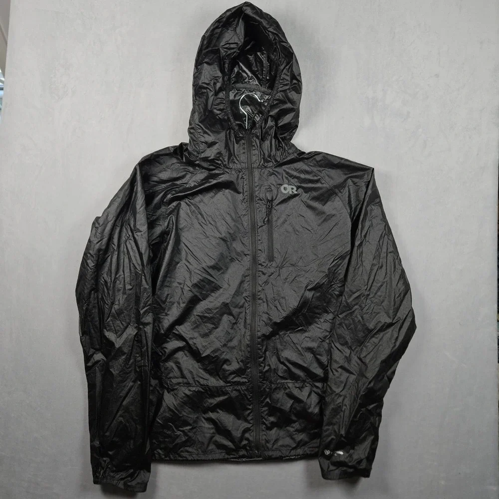 Outdoor Research Helium Wind Hoodie Mens Medium Black Full Zip Nylon Rain Jacket